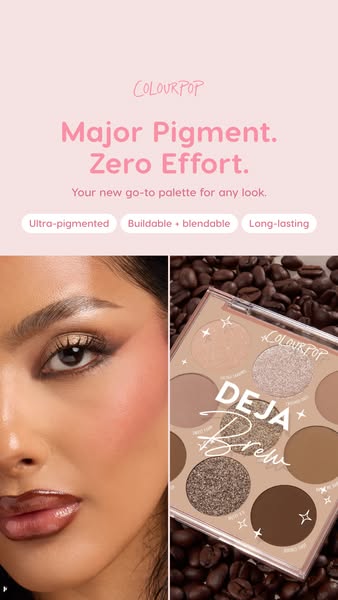 This ad for ColourPop's Deja Brew eyeshadow palette features a close-up of a woman wearing eyeshadow from the palett