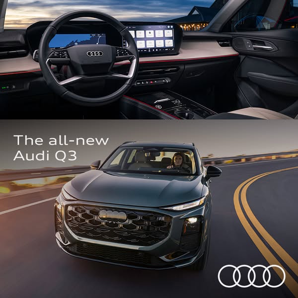 This image ad showcases the all-new Audi Q3 with interior and exterior views and promotional text.