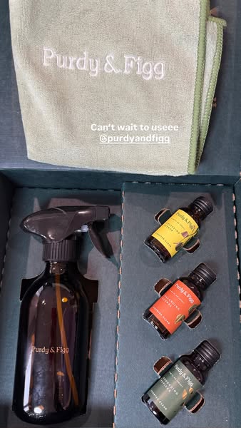 This ad showcases a Purdy & Figg cleaning set, including a spray bottle, concentrated cleaner refills, and a cleanin