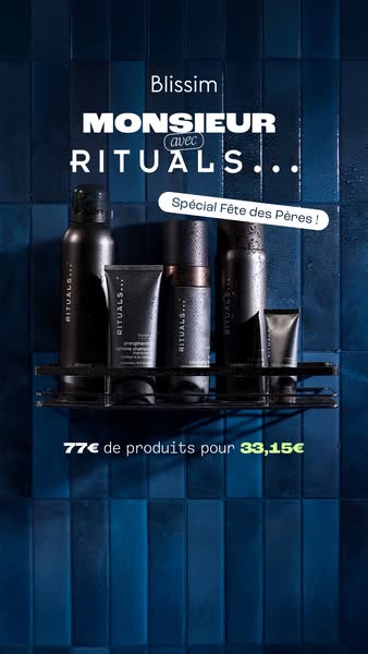 This image ad promotes a line of Rituals men's products sold by Blissim as a Father's Day promotion. The ad feat