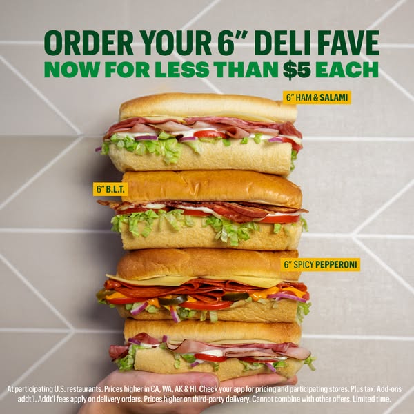 This ad features a stack of four Subway sandwiches, each with a different filling, to showcase the variety of the chain&
