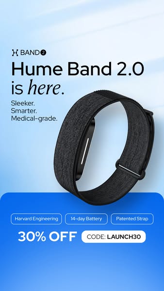 This image ad introduces the Hume Band 2.0 with claims of being sleeker, smarter, and medical-grade, while also promotin
