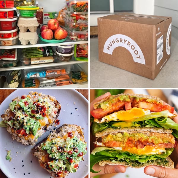 This collage ad promotes Hungryroot, a grocery service that delivers healthy food. The ad shows a refrigerator stocked w