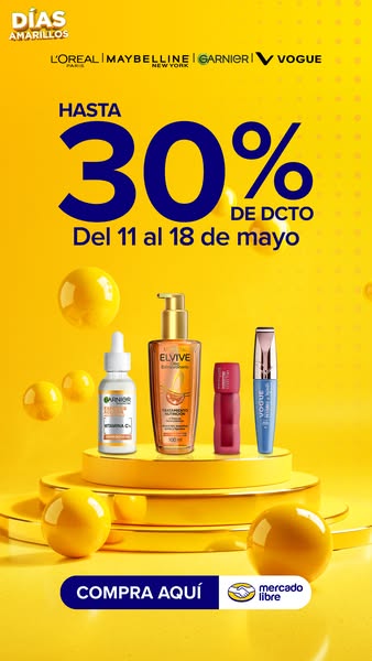 This ad promotes various L'Oreal, Maybelline, Garnier, and Vogue beauty products available through Mercado Libre, hi