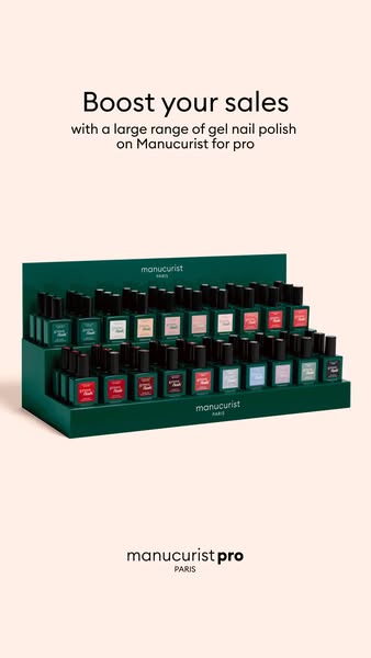 This ad is for Manucurist Pro, featuring a large range of gel nail polishes on a dark green tiered display. It is design