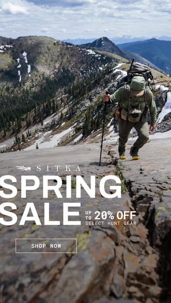 This image ad from SITKA announces a spring sale with up to 20% off select hunting gear, set against the backdrop of a h