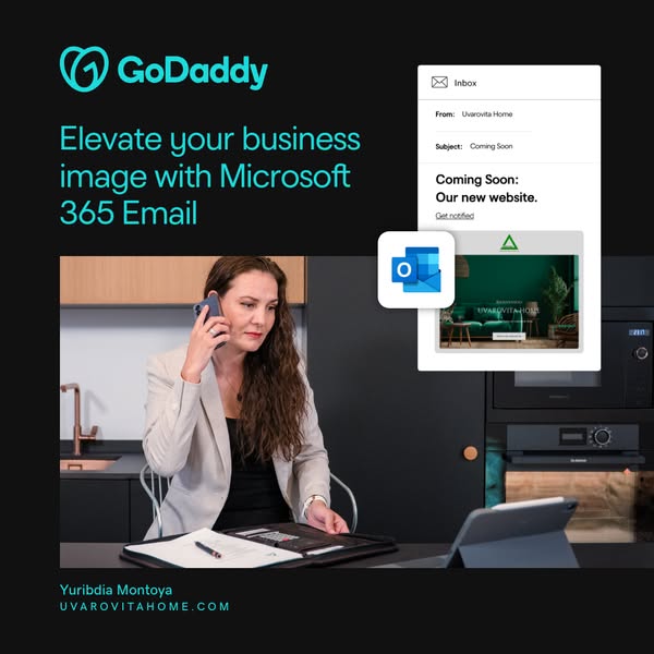 This ad for GoDaddy promotes Microsoft 365 Email. The ad features a woman on the phone in a professional setting, along 