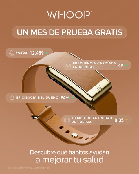 This ad for Whoop promotes a free month trial while highlighting key metrics tracked by the wearable device such as step