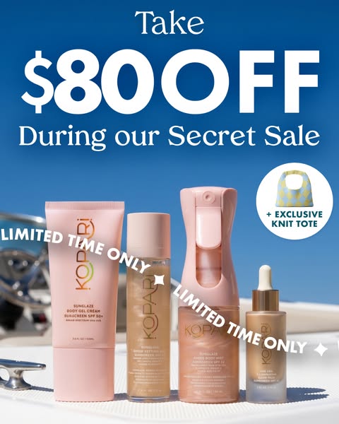 This ad promotes a limited-time secret sale from Kopari, featuring a discount of $80 off and an exclusive knit tote. Fou