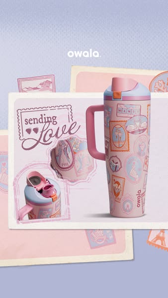 This ad features an Owala water bottle with a design of postage stamps. The ad is designed to look like a postcard.