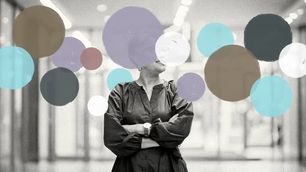An ad featuring a professionally dressed woman in a monochromatic photo with colorful circles over her head. The ad is l