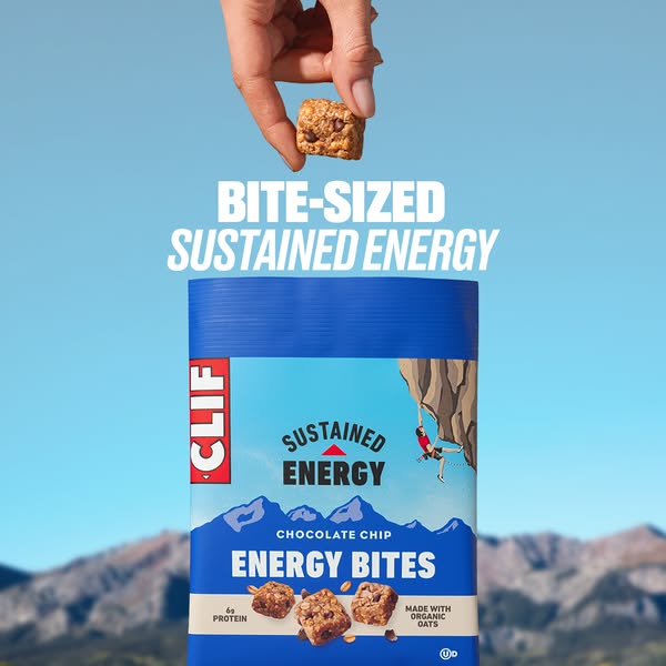 A single image ad for Clif Bar Energy Bites features a hand holding a single chocolate chip energy bite over a blue cont