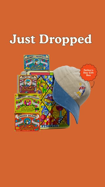 This ad showcases a new Fishwife product drop, which includes tinned seafood and a FISH DAD branded hat, presented as a 