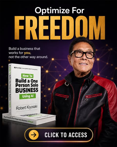 This ad uses an image of Robert Kiyosaki and his book, "How to Build a One Person Solo Business Using AI", to 