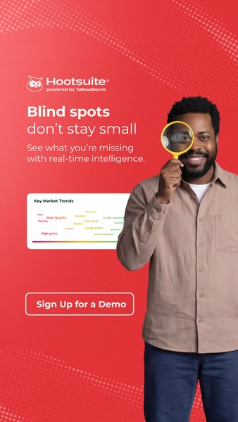 Hootsuite ad highlighting real-time intelligence and demo sign-up.