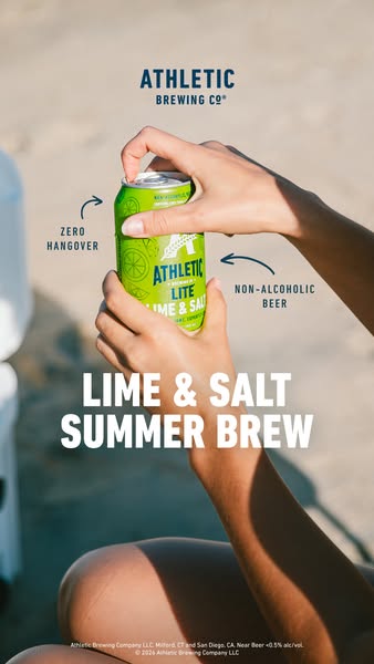 This ad promotes Athletic Brewing Co's Lime & Salt Summer Brew, emphasizing its non-alcoholic nature and zero ha