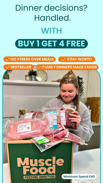 This image ad for Muscle Food is designed to solve the problem of making dinner decisions. It shows a woman holding a bo