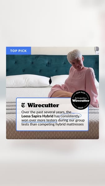 This ad features a testimonial from Wirecutter, highlighting the Leesa Sapira Hybrid mattress as a top pick that has con