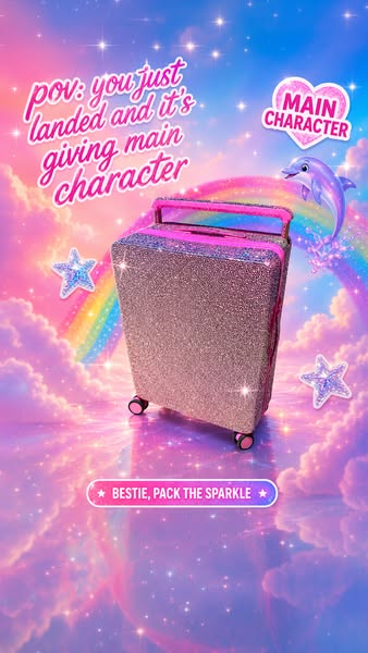 This ad features a glittery pink and silver suitcase, positioned as embodying the 'main character' energy for tr