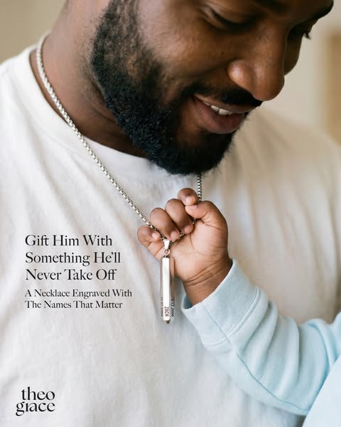 This image ad showcases a personalized necklace from Theo & Grace, highlighting it as a meaningful gift for men. The