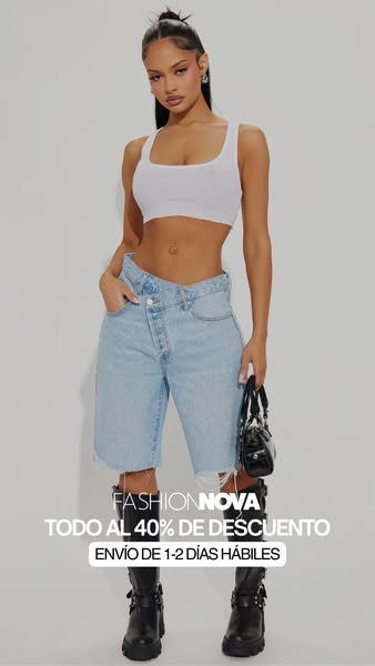 This ad for Fashion Nova features a model wearing a white top, denim shorts, and black boots. The ad promotes a 40% disc