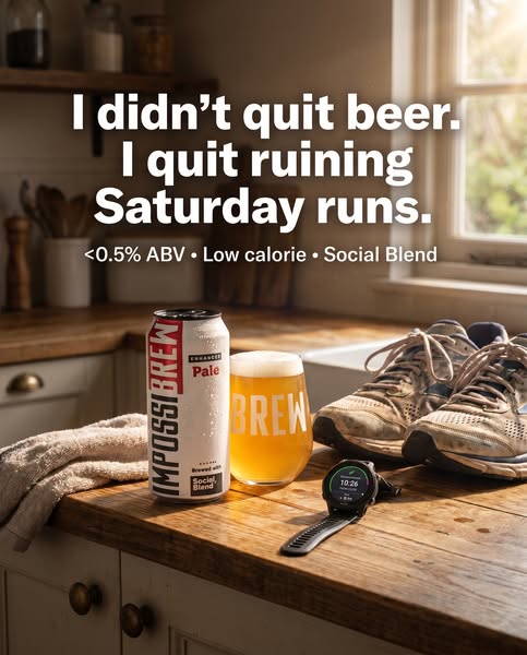 This image ad promotes Impossibrew as a low-calorie, low-ABV beer option that won't ruin your Saturday run.