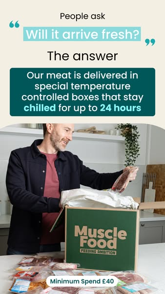 This image ad assures customers that Muscle Foods meat will arrive fresh. It shows a man unboxing the delivery and the c