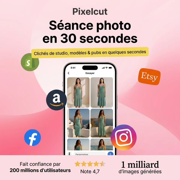 This image promotes Pixelcut, a photo editing application. The ad emphasizes the speed and ease with which users can cre