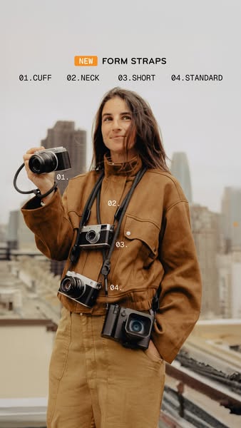 This ad showcases the brand's new form straps for cameras. The ad features a woman wearing four different cameras, e