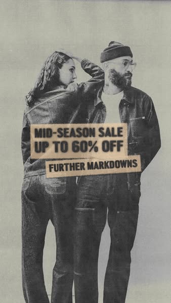 This image ad features a grainy, monochromatic image of a man and woman wearing denim jackets and jeans. A beige banner 