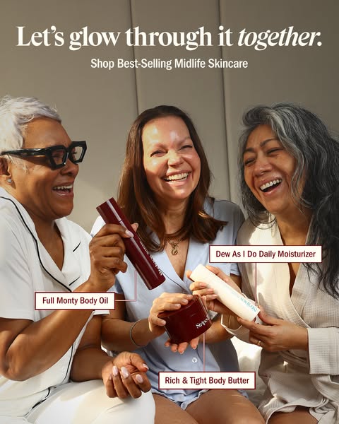 This ad features three women smiling and showing off three different skincare products by Stripes. The ad promotes a mes
