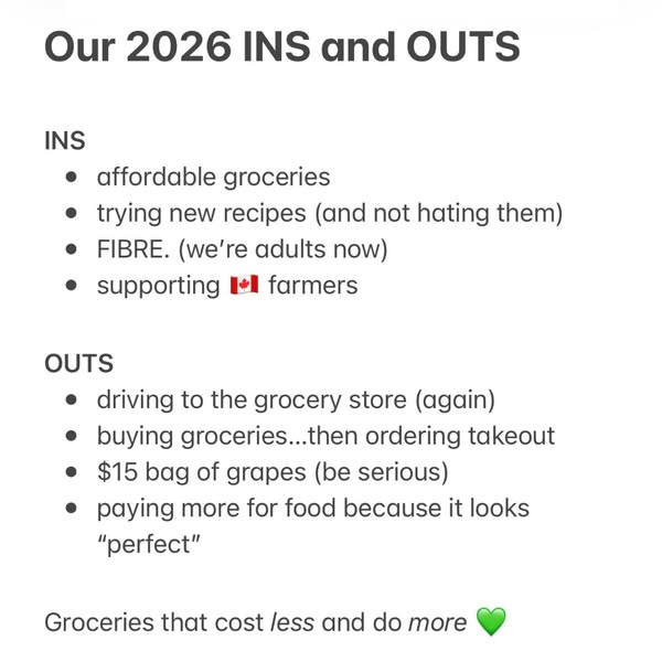 This ad presents an "in" and "out" list for 2026, encouraging consumers to embrace affordable grocer