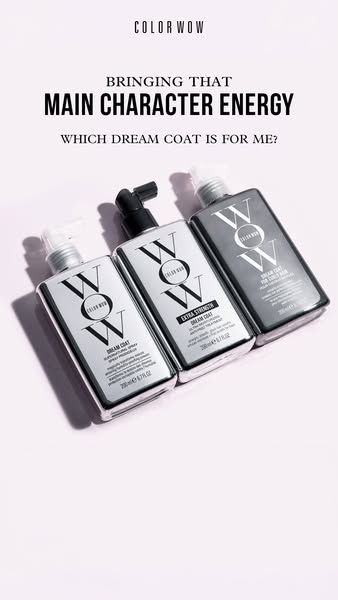 This ad showcases three Color Wow Dream Coat products and asks which one is for the viewer. The ad uses a direct address