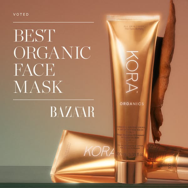 This image ad for Kora Organics features their Turmeric Brightening & Exfoliating Mask, emphasizing its organic natu