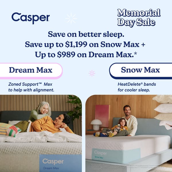 This image ad by Casper promotes their Memorial Day Sale and showcases two of their mattresses: the Snow Max and the Dre