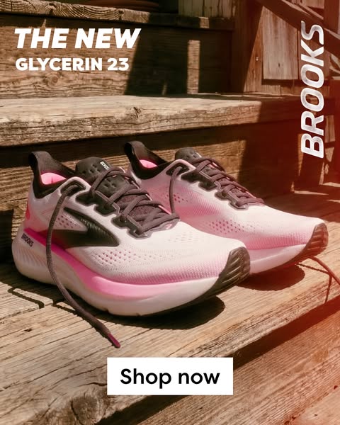 This ad showcases the Brooks Glycerin 23 running shoes on wooden stairs. The ad highlights the shoes' design and enc