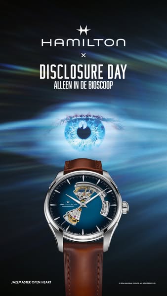 This ad promotes the Hamilton Jazzmaster Open Heart watch in conjunction with the movie Disclosure Day. The watch is dis