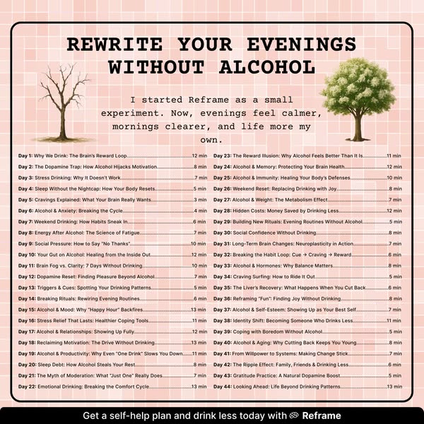 This ad promotes Reframe, an app designed to help people reduce their alcohol consumption. The ad features a list of top