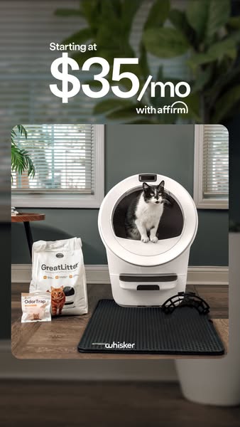 This ad promotes Whisker's self-cleaning cat litter box, highlighting its availability with Affirm financing. The ad