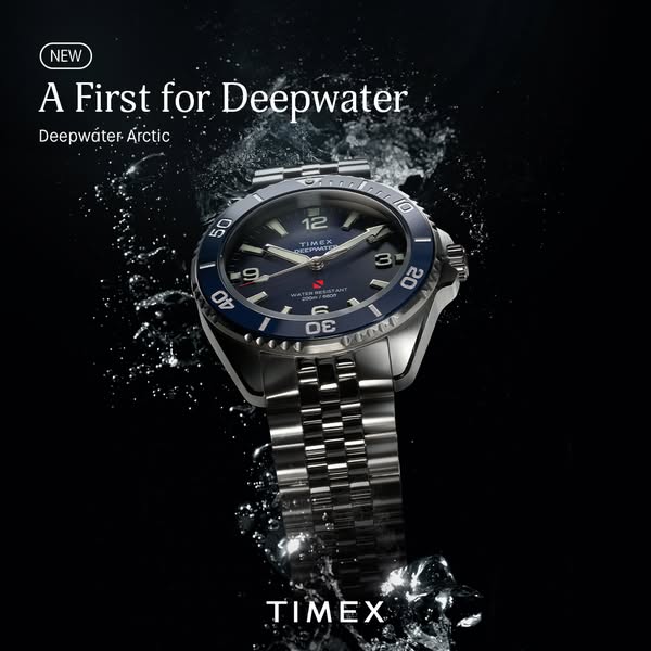 The ad showcases the Timex Deepwater Arctic watch against a dark backdrop with water splashes. The focus is on its desig