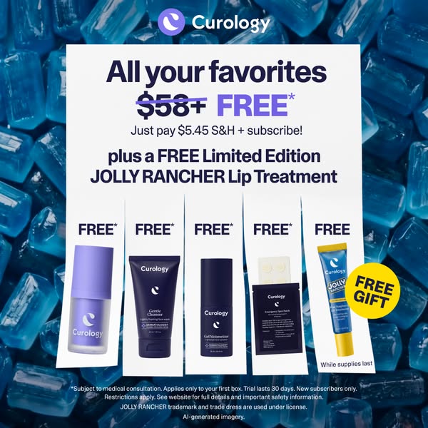 This ad showcases Curology's products, offering a free limited edition Jolly Rancher lip treatment when new users su
