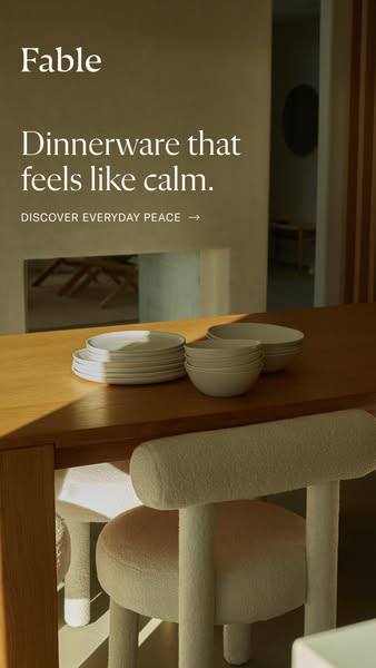 This image ad for Fable promotes their dinnerware as a way to bring calm to everyday life. The ad features a stack of pl