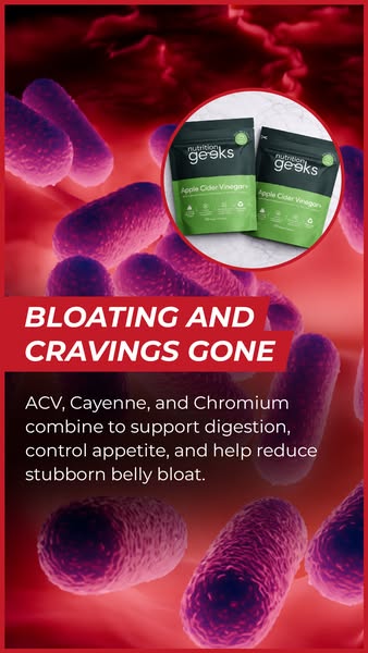 This image ad promotes Nutrition Geeks Apple Cider Vinegar. The ad includes the claim 'Bloating and Cravings Gone