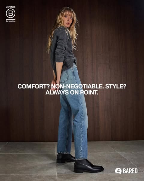 This image ad features a woman modeling jeans and shoes from the brand Bared. The ad highlights the brand's commitme