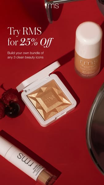 This image ad showcases three RMS Beauty products on a red background, accompanied by a discount offer of 25% off when b