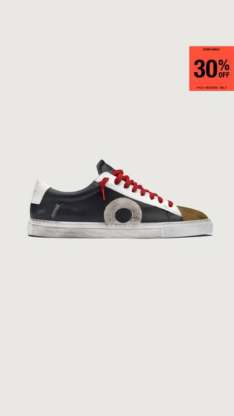 This image ad features a single pair of low-top sneakers against a solid background. The offer of 30% off is prominently