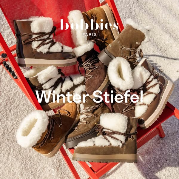 This ad showcases Bobbies Paris winter boots in a visually appealing arrangement on a red chair against a snowy backdrop