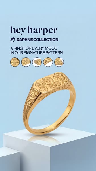 This ad showcases Hey Harper's Daphne Collection, highlighting a ring with a signature pattern suitable for any mood