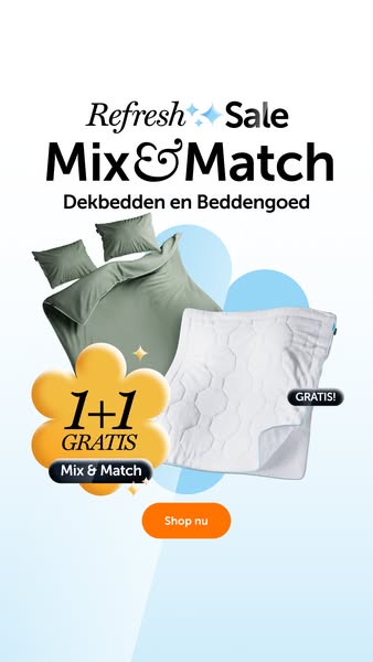 This ad promotes a sale with a buy-one-get-one-free offer for "Dekbedden en Beddengoed", or comforters and bed