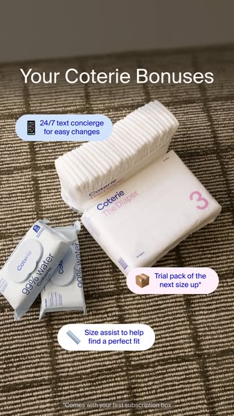 This image ad promotes Coterie diapers and wipes by highlighting bonus features such as 24/7 text concierge, size assist